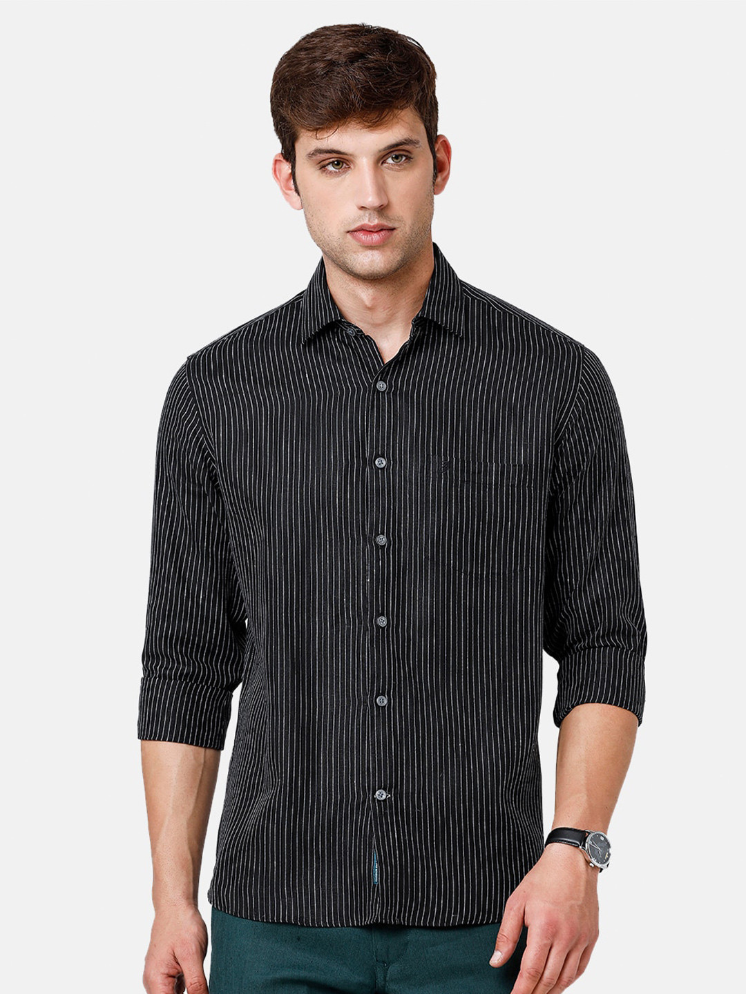 

Linen Club Striped Sustainable Casual Shirt, Black