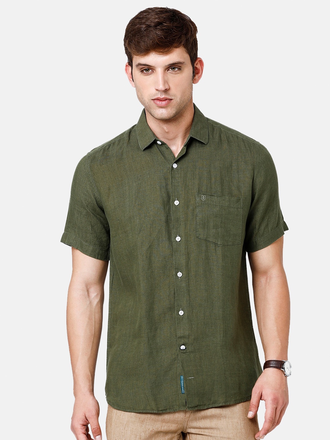 

Linen Club Men Pure Linen Sustainable Casual Shirt, Olive