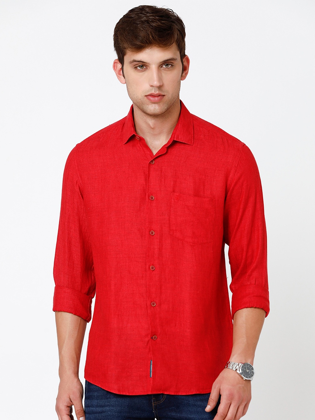 

Linen Club Men Pure Linen Sustainable Casual Shirt, Red