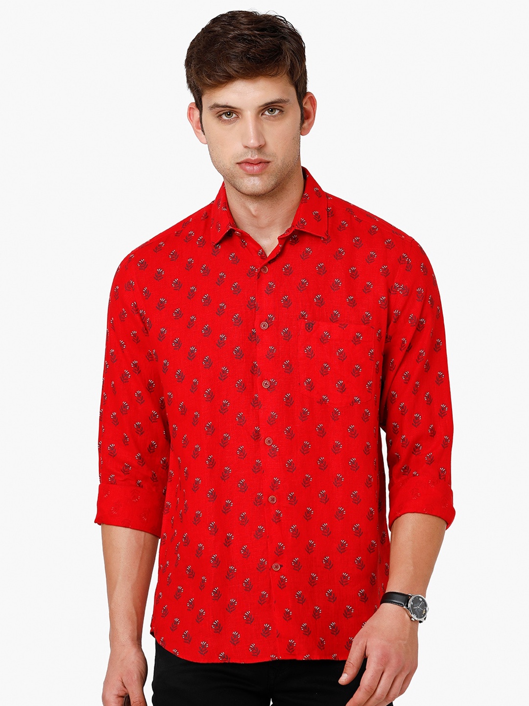 

Linen Club Men Floral Printed Pure Linen Sustainable Casual Shirt, Red