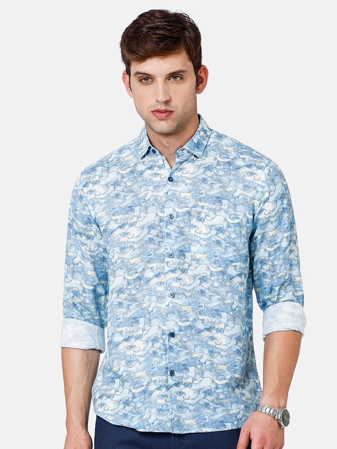 

Linen Club Men Printed Linen Sustainable Casual Shirt, Blue