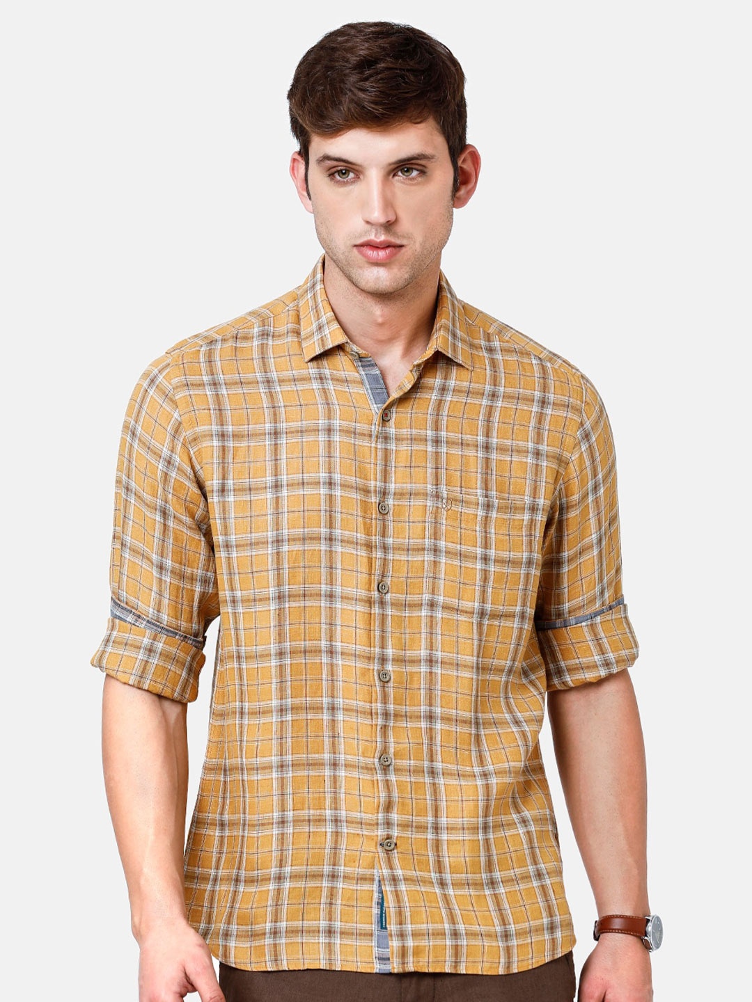 

Linen Club Men Checked Linen Sustainable Casual Shirt, Brown