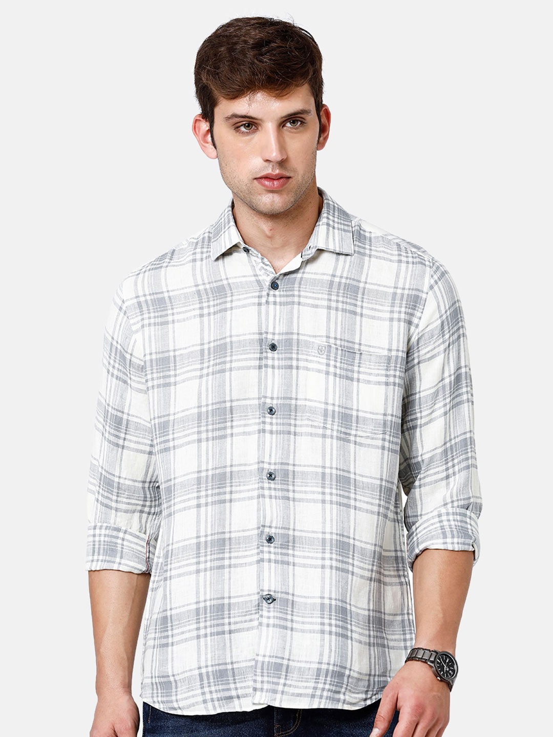 

Linen Club Men Checked Linen Sustainable Casual Shirt, Off white