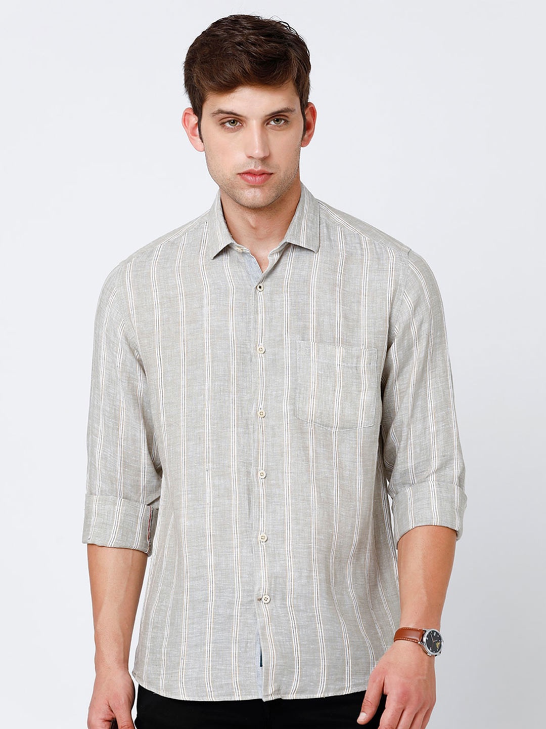 

Linen Club Men Striped Linen Regular Fit Sustainable Casual Shirt, Grey