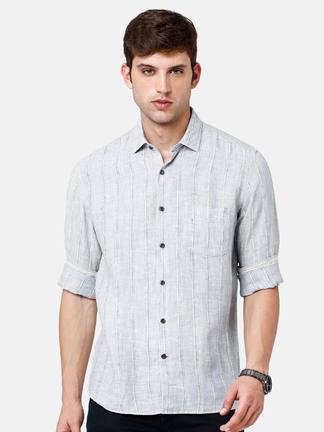 

Linen Club Men Striped Linen Regular Fit Sustainable Casual Shirt, Grey