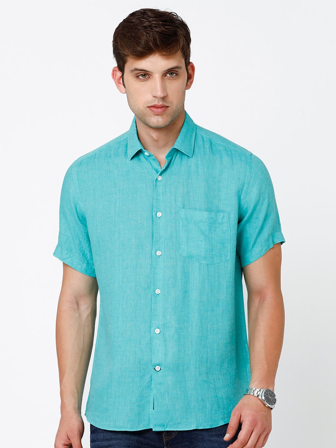 

Linen Club Men Regular Fit Linen Sustainable Casual Shirt, Turquoise blue