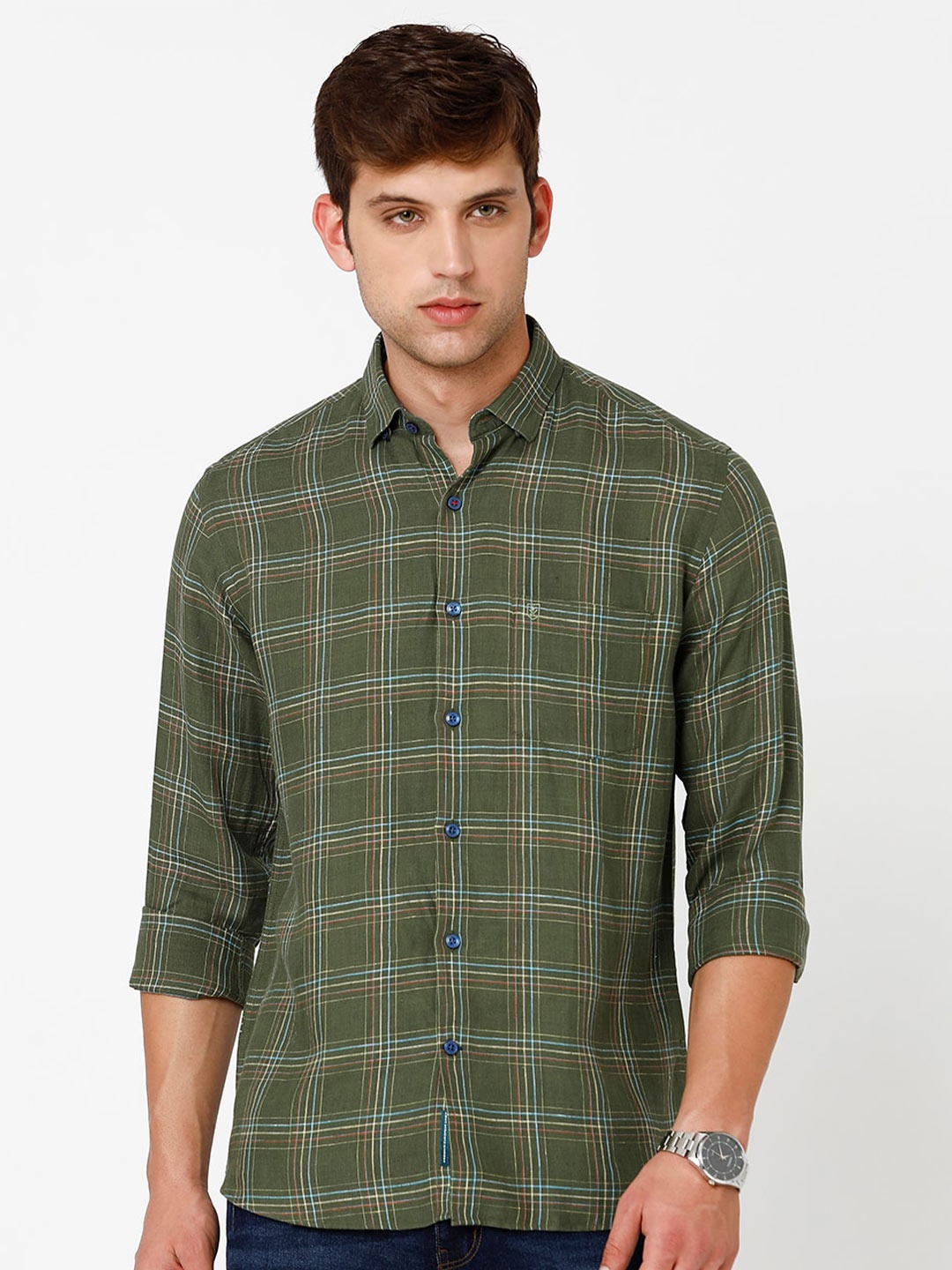 

Linen Club Men Checked Linen Regular Fit Sustainable Casual Shirt, Olive