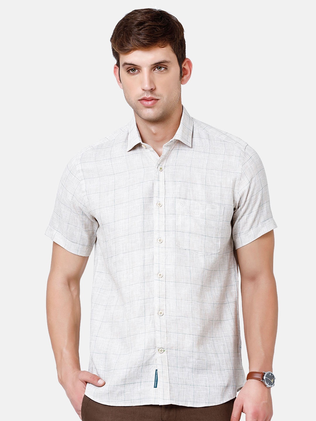 

Linen Club Men Checked Linen Regular Fit Sustainable Casual Shirt, Off white