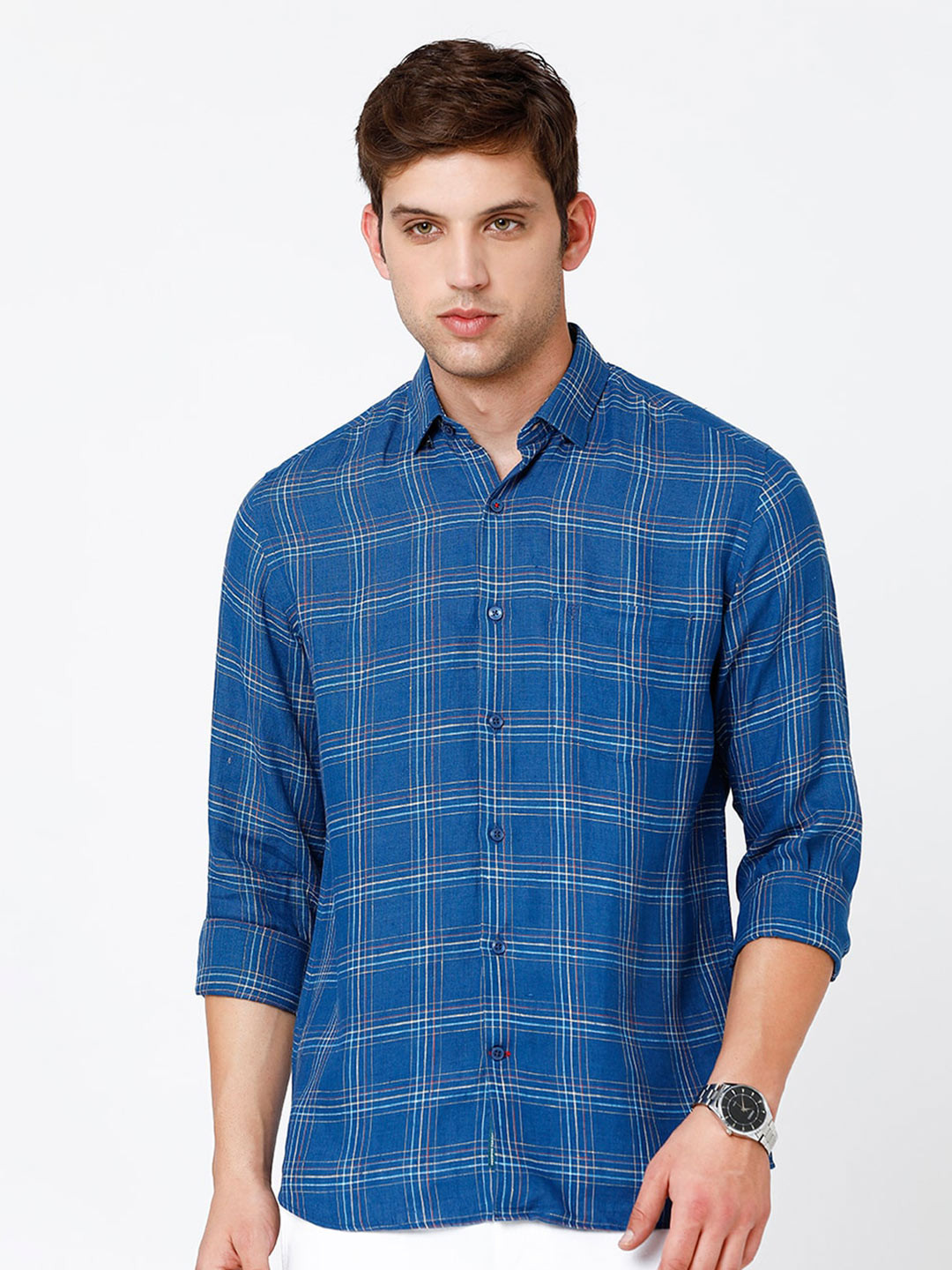 

Linen Club Men Checked Linen Regular Fit Sustainable Casual Shirt, Blue