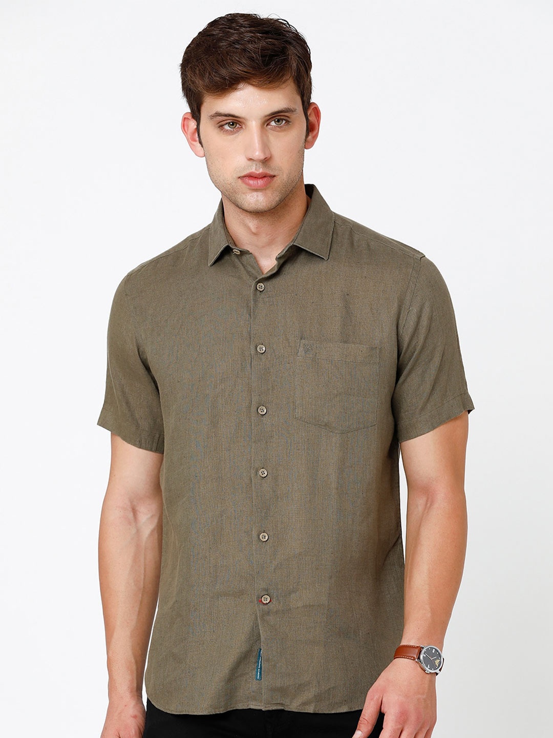 

Linen Club Men Regular Fit Linen Short Sleeves Sustainable Casual Shirt, Olive