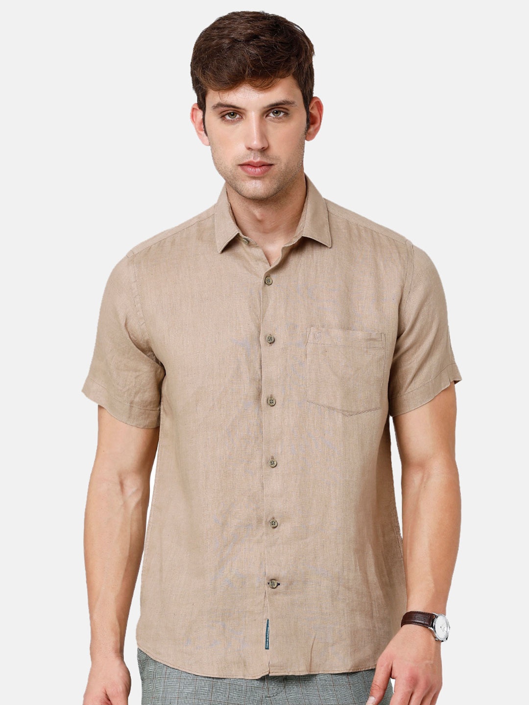 

Linen Club Men Regular Fit Linen Short Sleeves Casual Shirt, Khaki