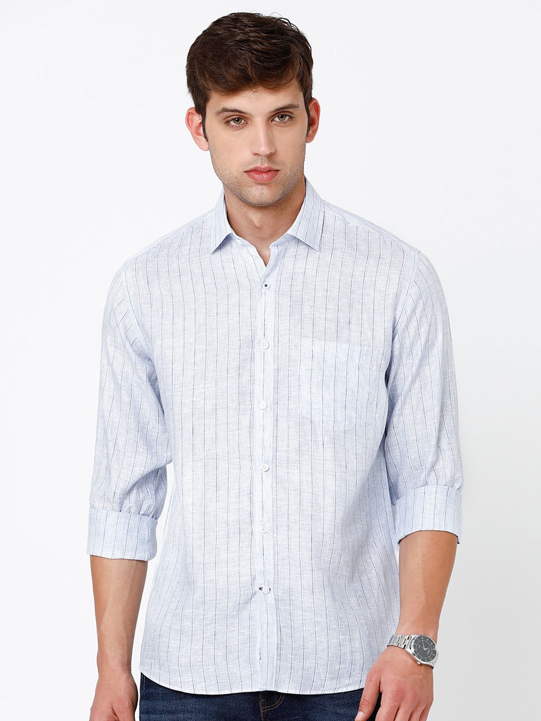 

Linen Club Men Striped Linen Sustainable Casual Shirt, Blue