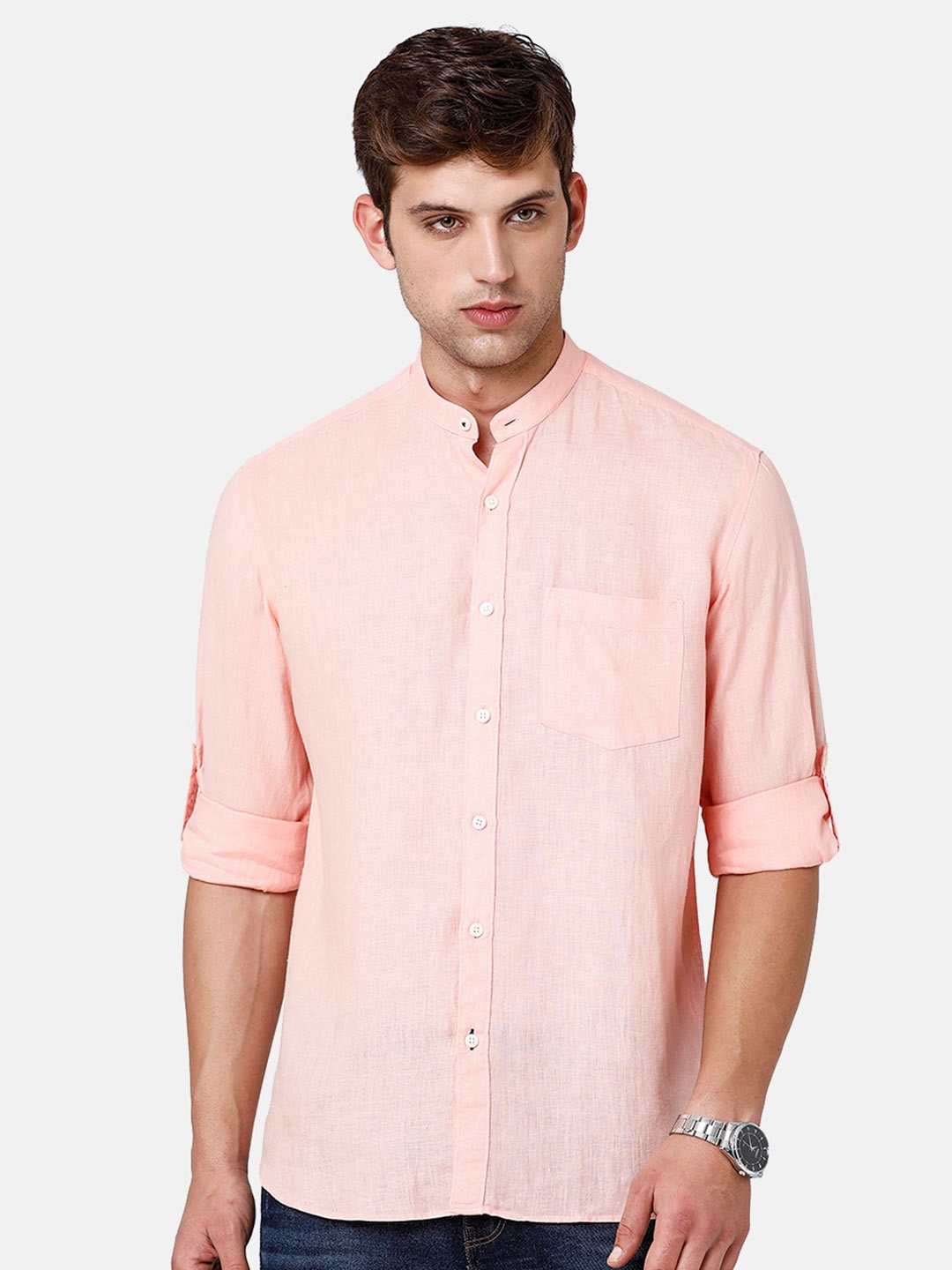 

Linen Club Men Regular Fit Linen Mandarin Collar Sustainable Casual Shirt, Pink