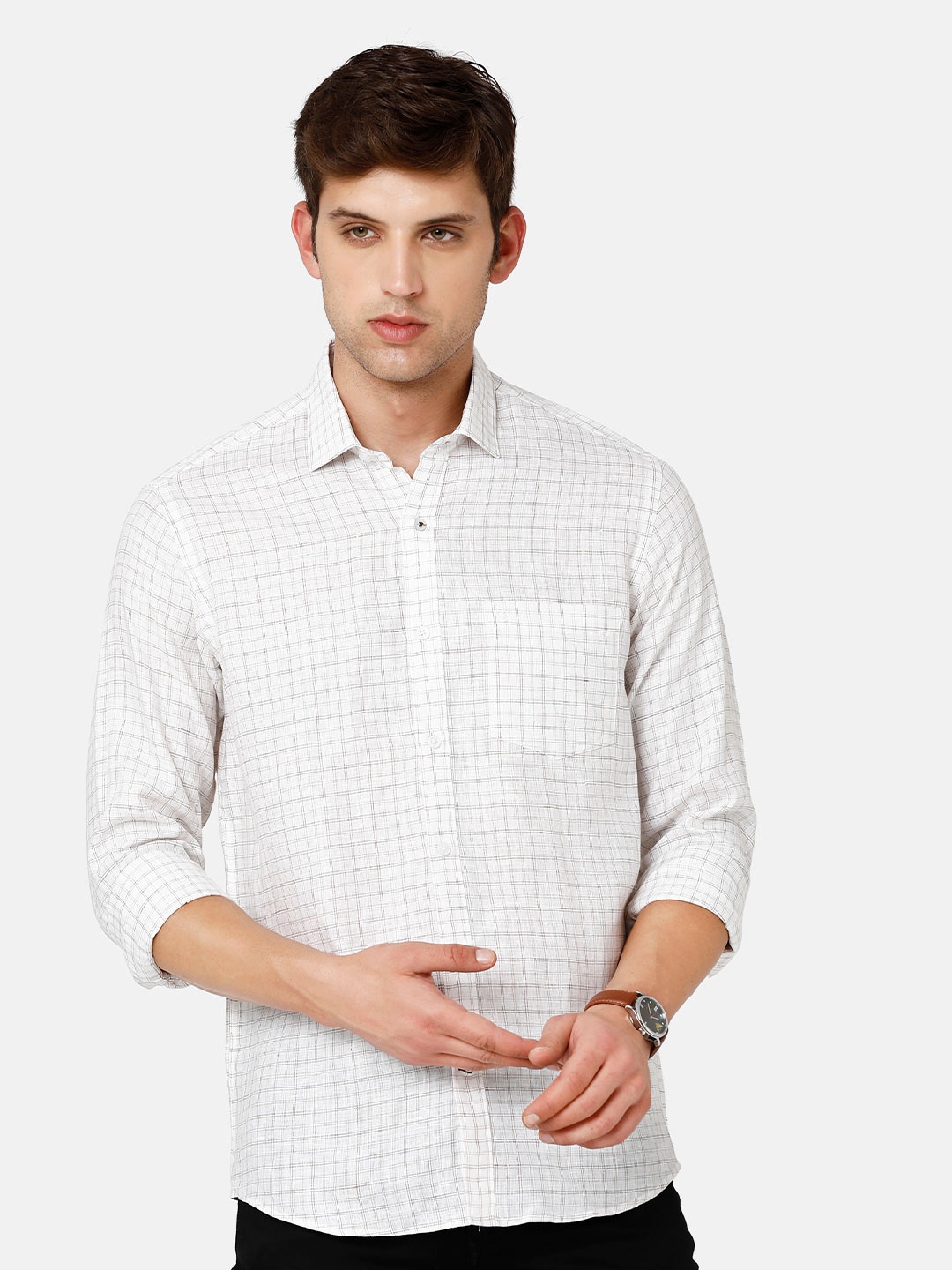 

Linen Club Men Checked Linen Sustainable Casual Shirt, White