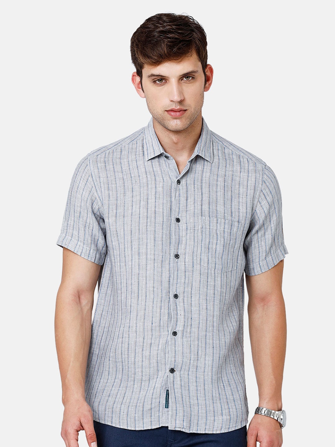 

Linen Club Men Striped Linen Sustainable Casual Shirt, Grey