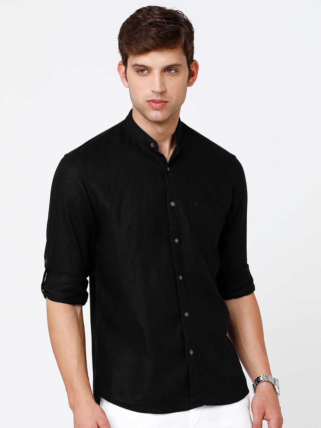 

Linen Club Men Pure Linen Sustainable Casual Shirt, Black