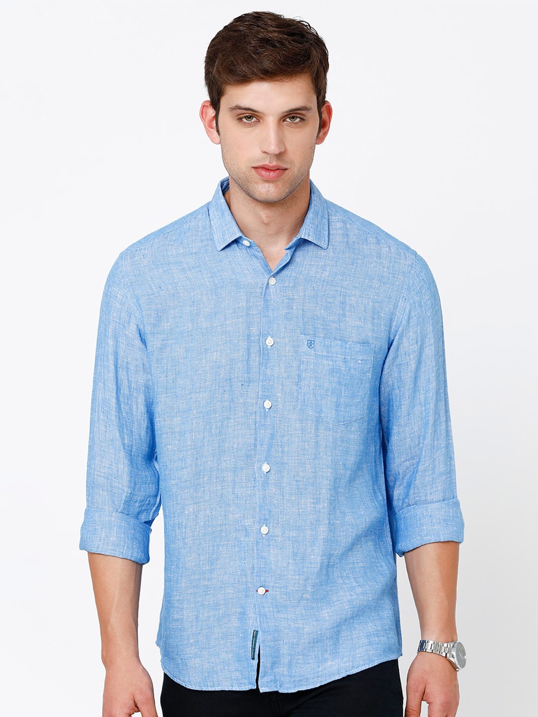 

Linen Club Men Pure Linen Sustainable Casual Shirt, Blue