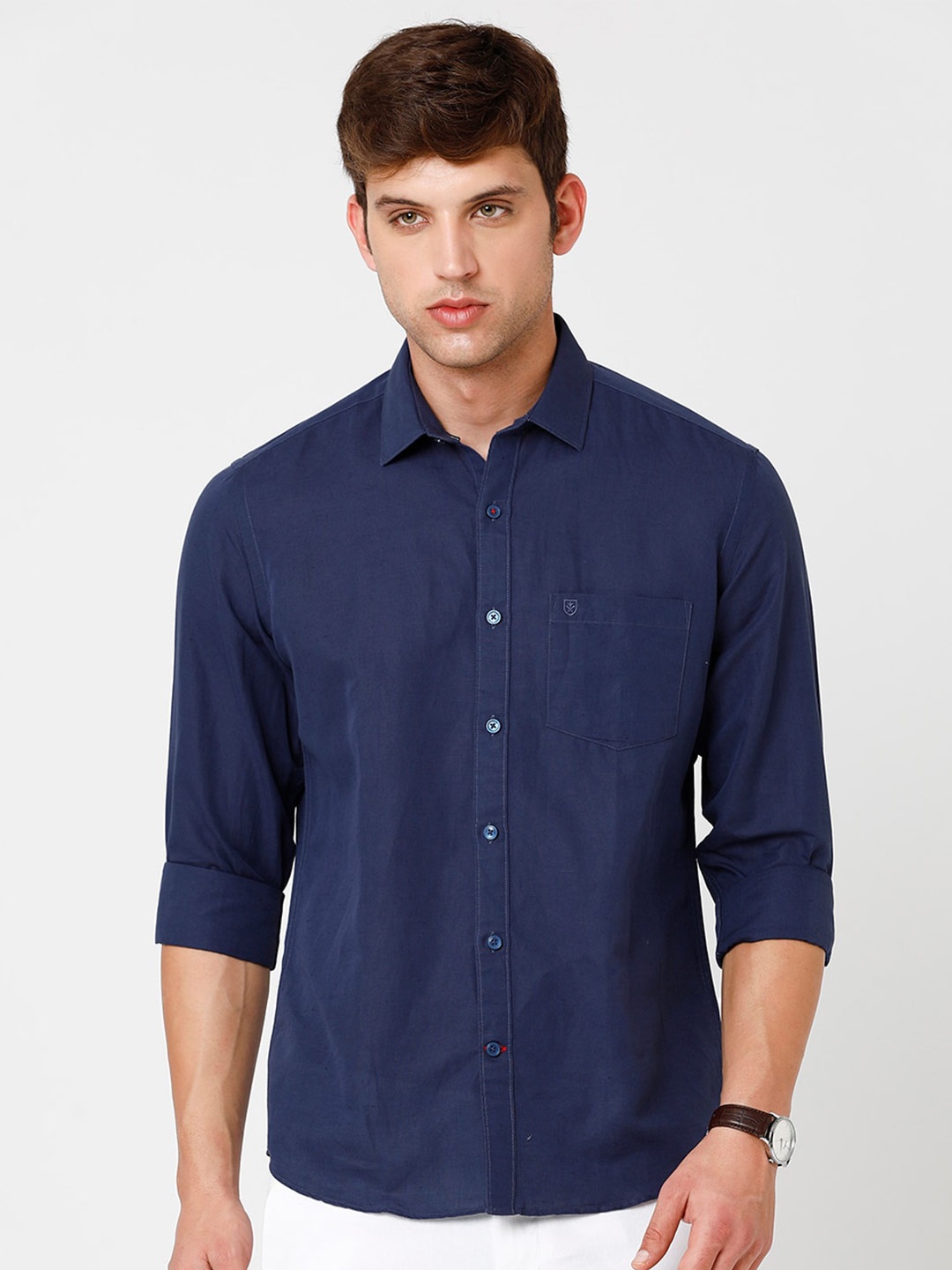 

Linen Club Men Pure Linen Sustainable Casual Shirt, Blue