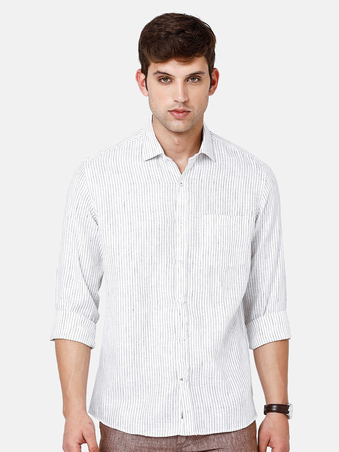 

Linen Club Men Striped Pure Linen Sustainable Casual Shirt, White