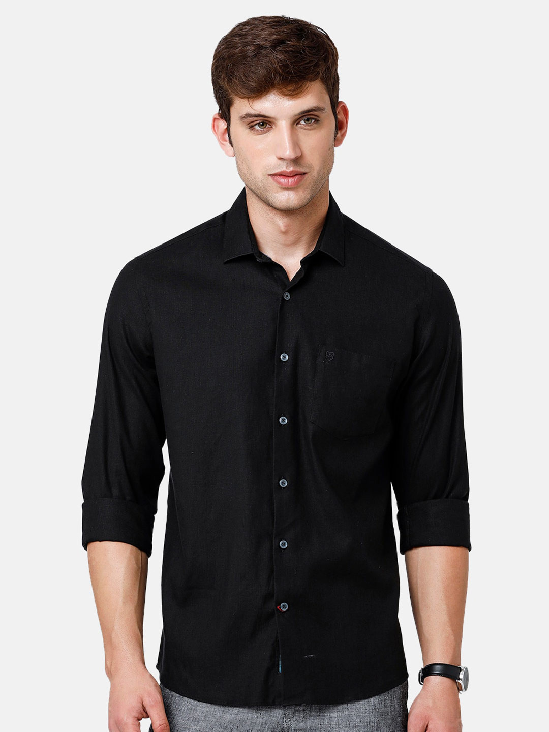 

Linen Club Men Pure Linen Sustainable Casual Shirt, Black