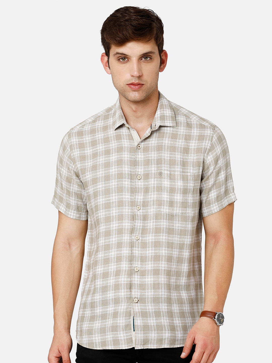 

Linen Club Men Checked Pure Linen Sustainable Casual Shirt, White