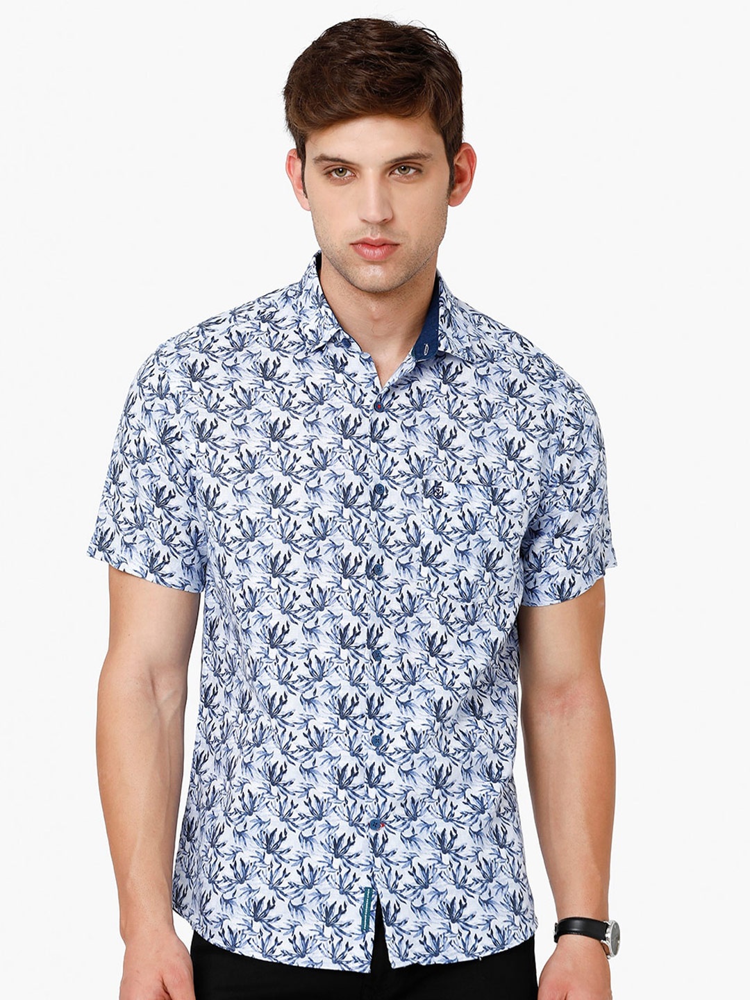 

Linen Club Men Floral Printed Pure Linen Sustainable Casual Shirt, Blue