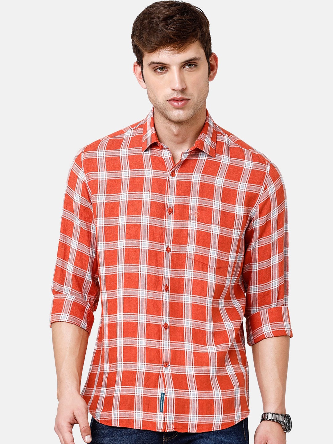 

Linen Club Men Checked Pure Linen Sustainable Casual Shirt, Orange
