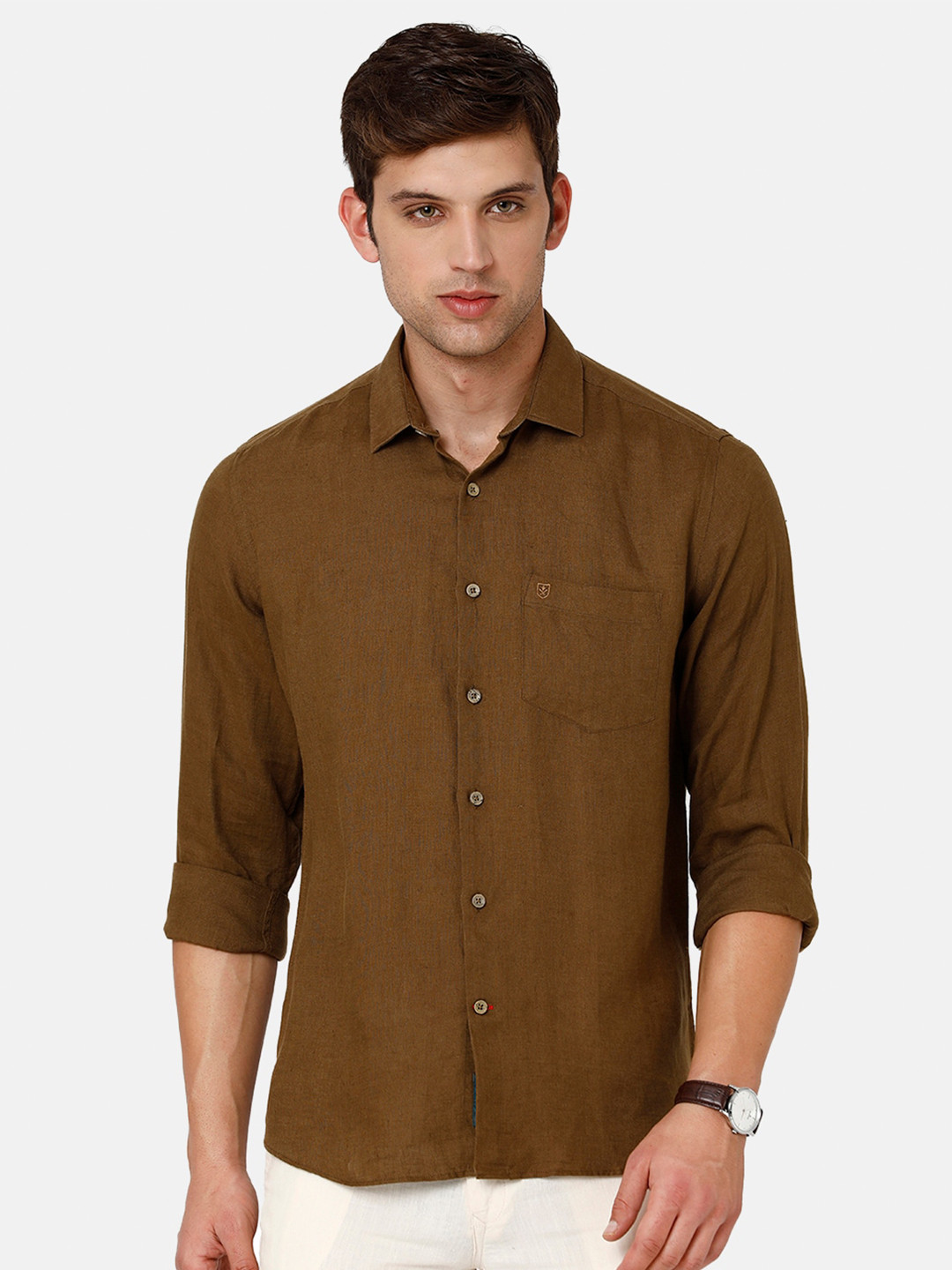 

Linen Club Men Pure Linen Sustainable Casual Shirt, Brown