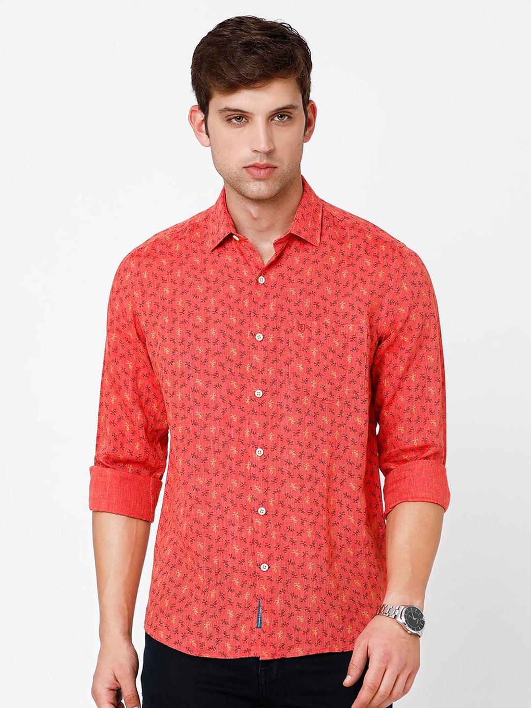 

Linen Club Men Floral Printed Pure Linen Sustainable Casual Shirt, Red
