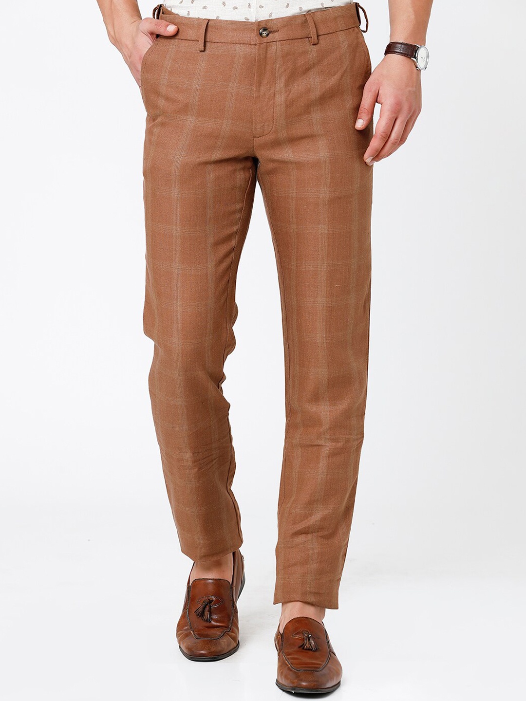 

Linen Club Men Checked Slim Fit Pure Linen Sustainable Trouserss, Brown