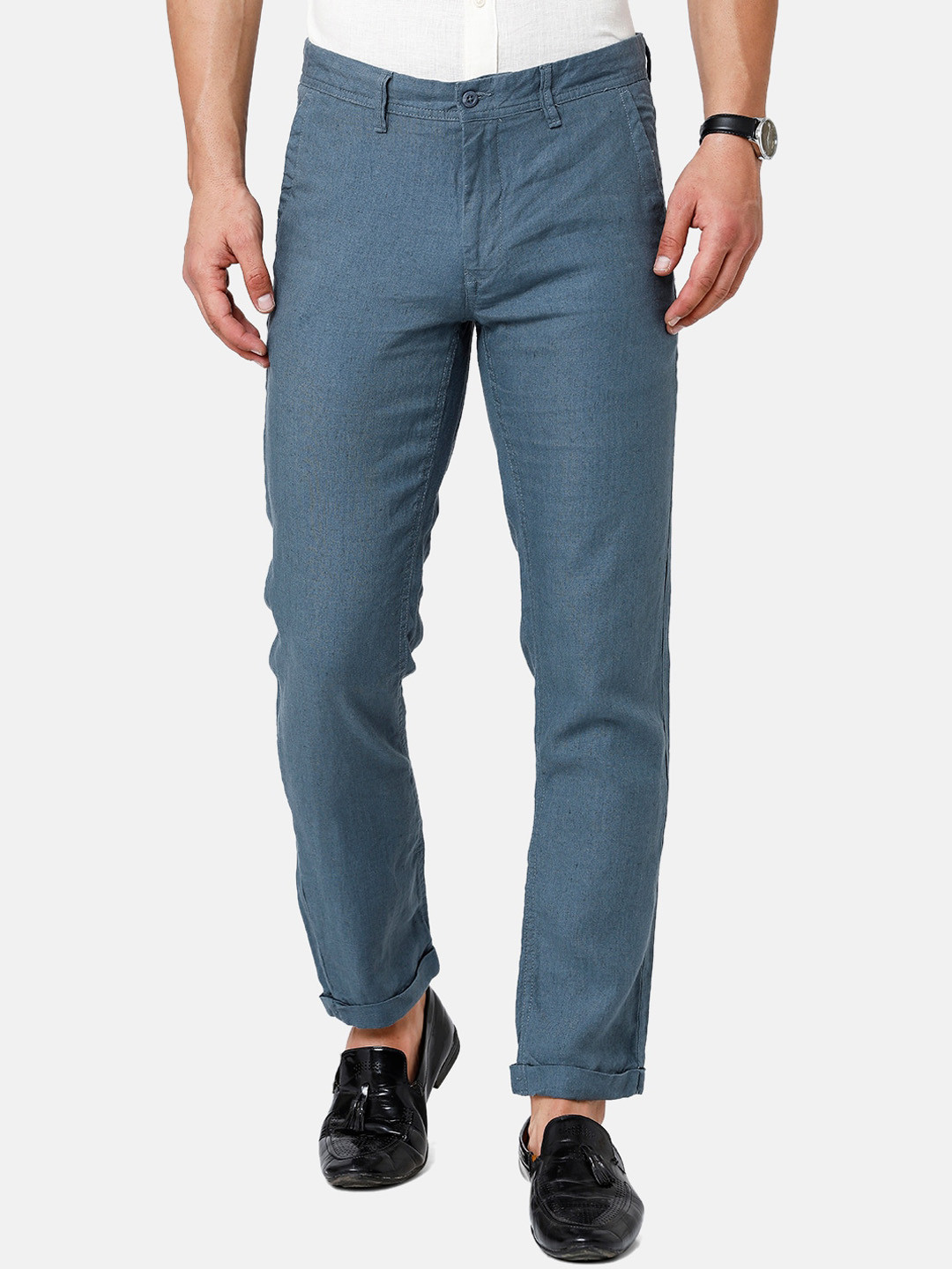 

Linen Club Men Grey Slim Fit Pure Linen Chinos Sustainable Trouserss