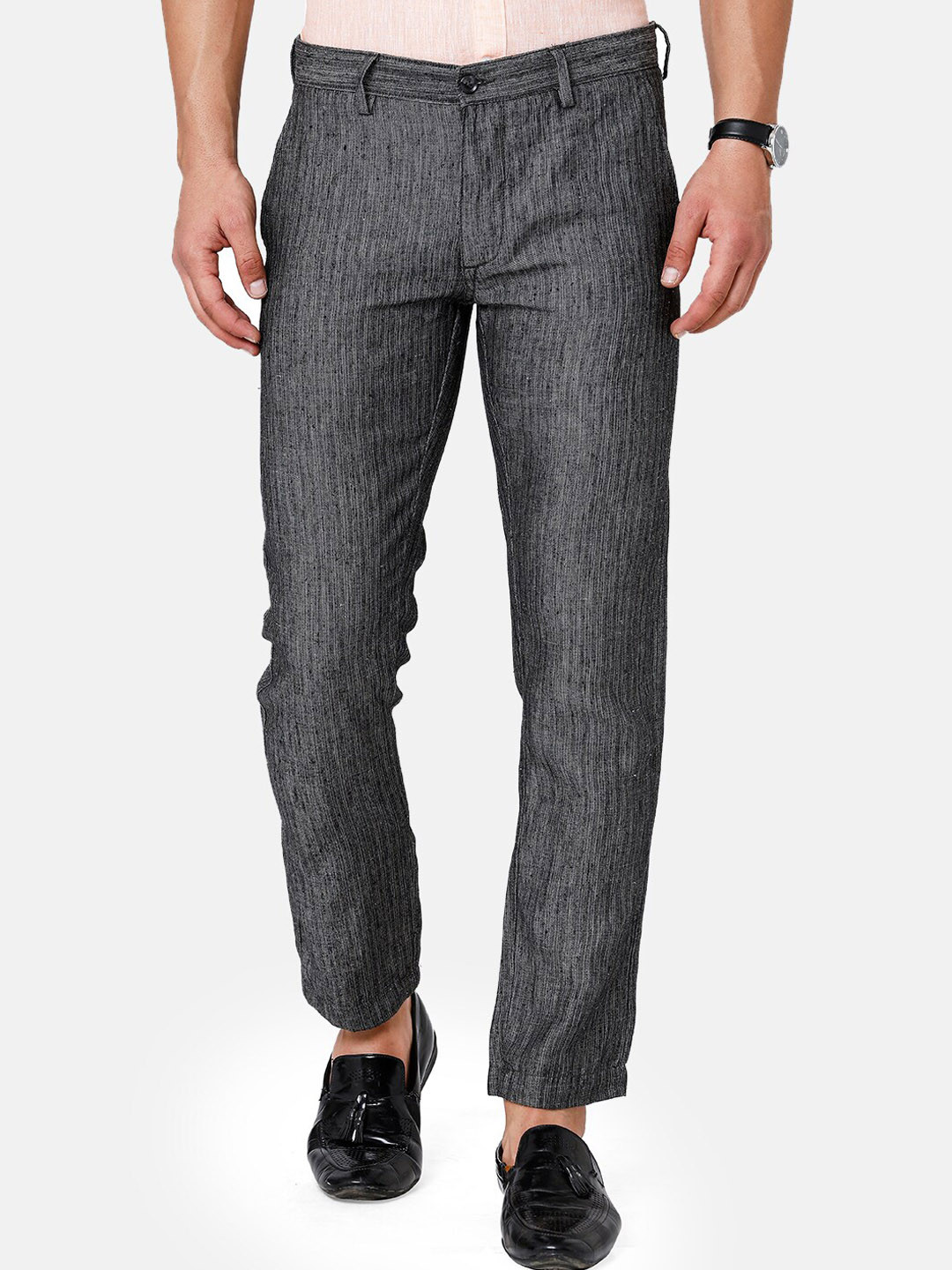 

Linen Club Men Textured Slim Fit Pure Linen Sustainable Trouserss, Grey