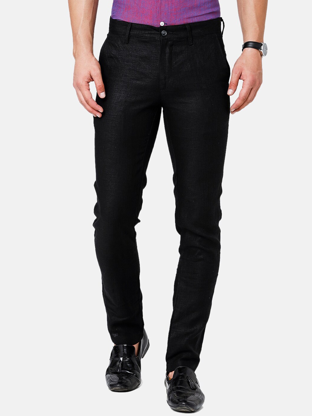 

Linen Club Men Slim Fit Pure Linen Formal Sustainable Trouserss, Black