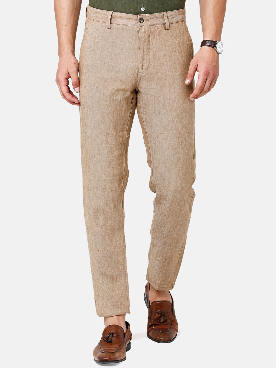 

Linen Club Men Textured Slim Fit Pure Linen Sustainable Trouserss, Brown