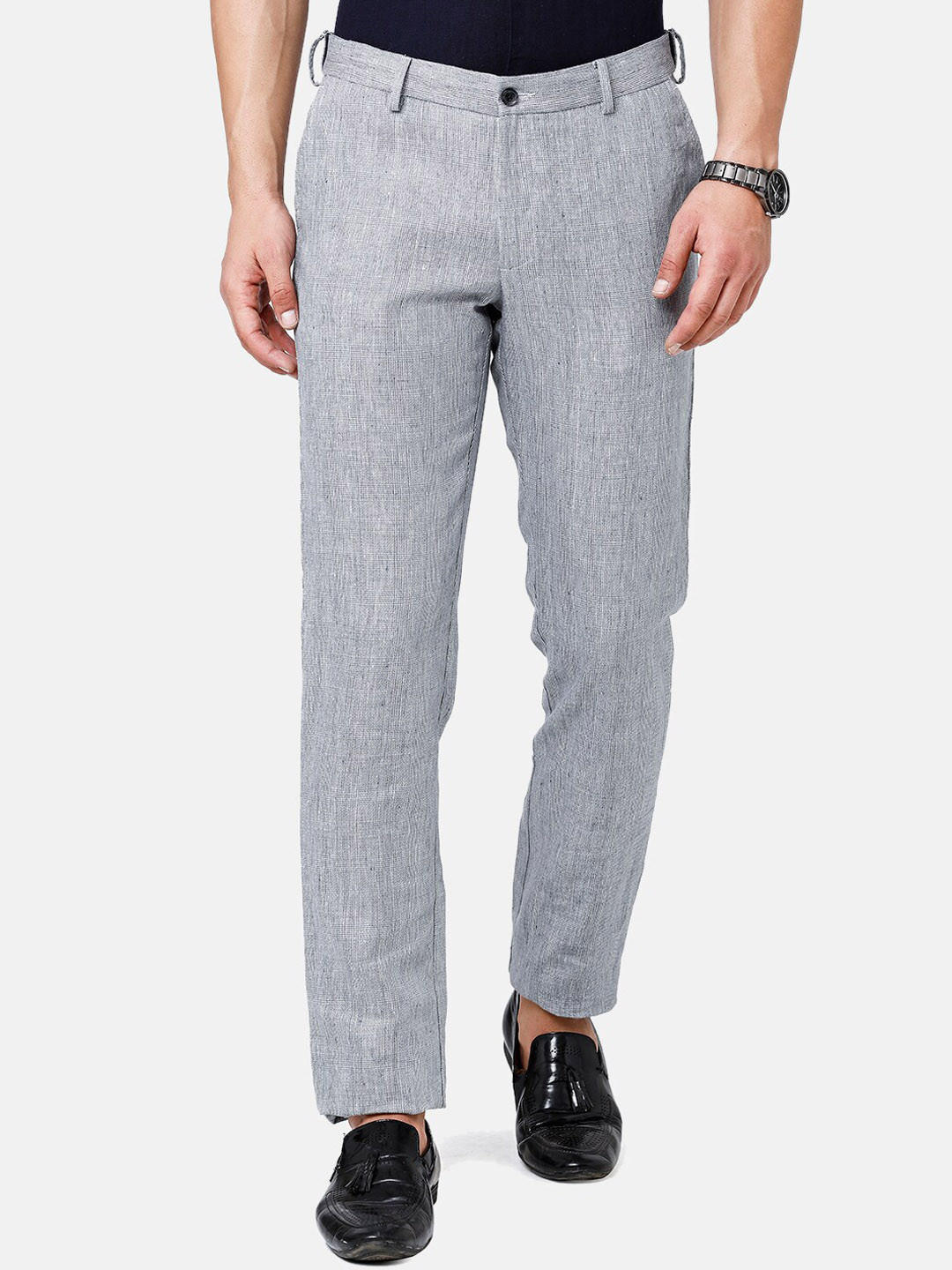 

Linen Club Men Textured Slim Fit Pure Linen Sustainable Trouserss, Grey
