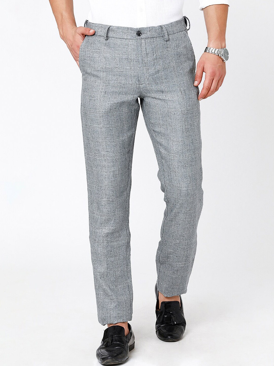 

Linen Club Men Textured Slim Fit Pure Linen Sustainable Trouserss, Grey