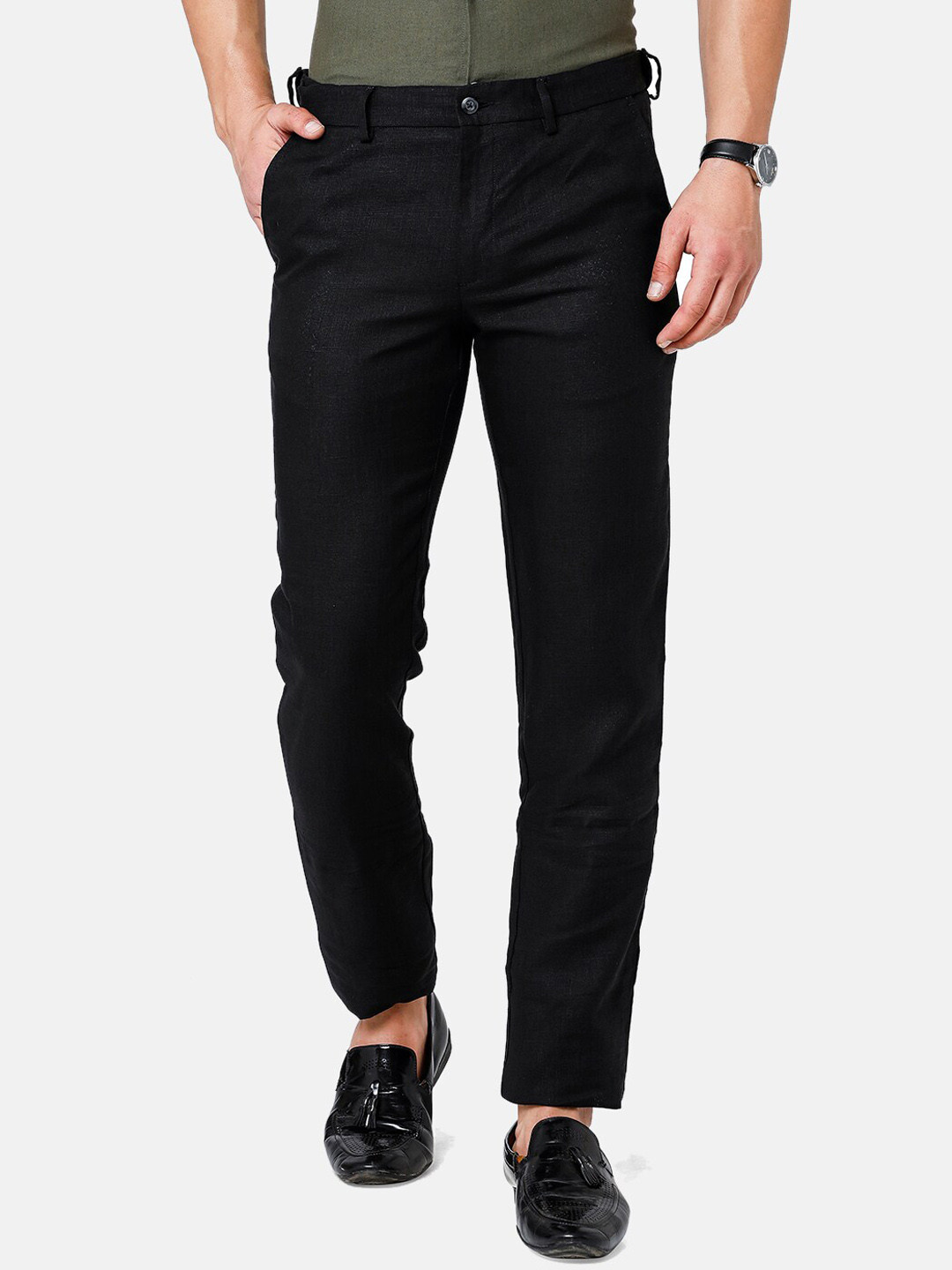 

Linen Club Men Slim Fit Pure Linen Chinos Sustainable Trouserss, Black