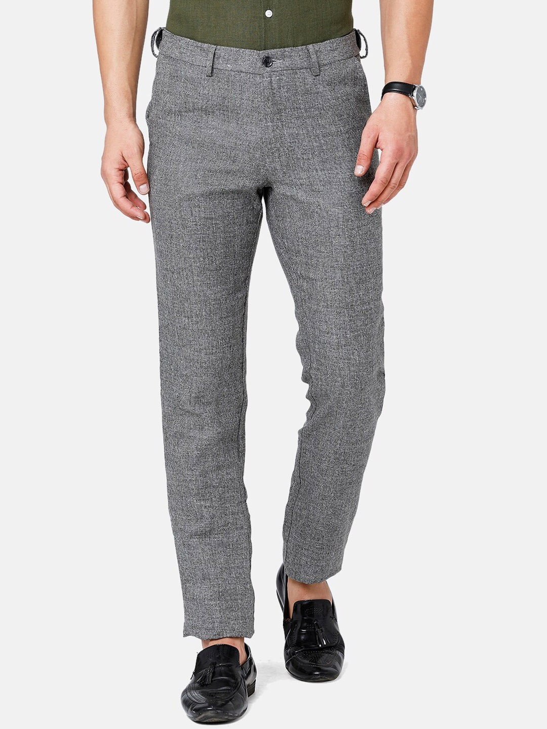 

Linen Club Men Mid-Rise Slim Fit Pure Linen Sustainable Trousers, Grey