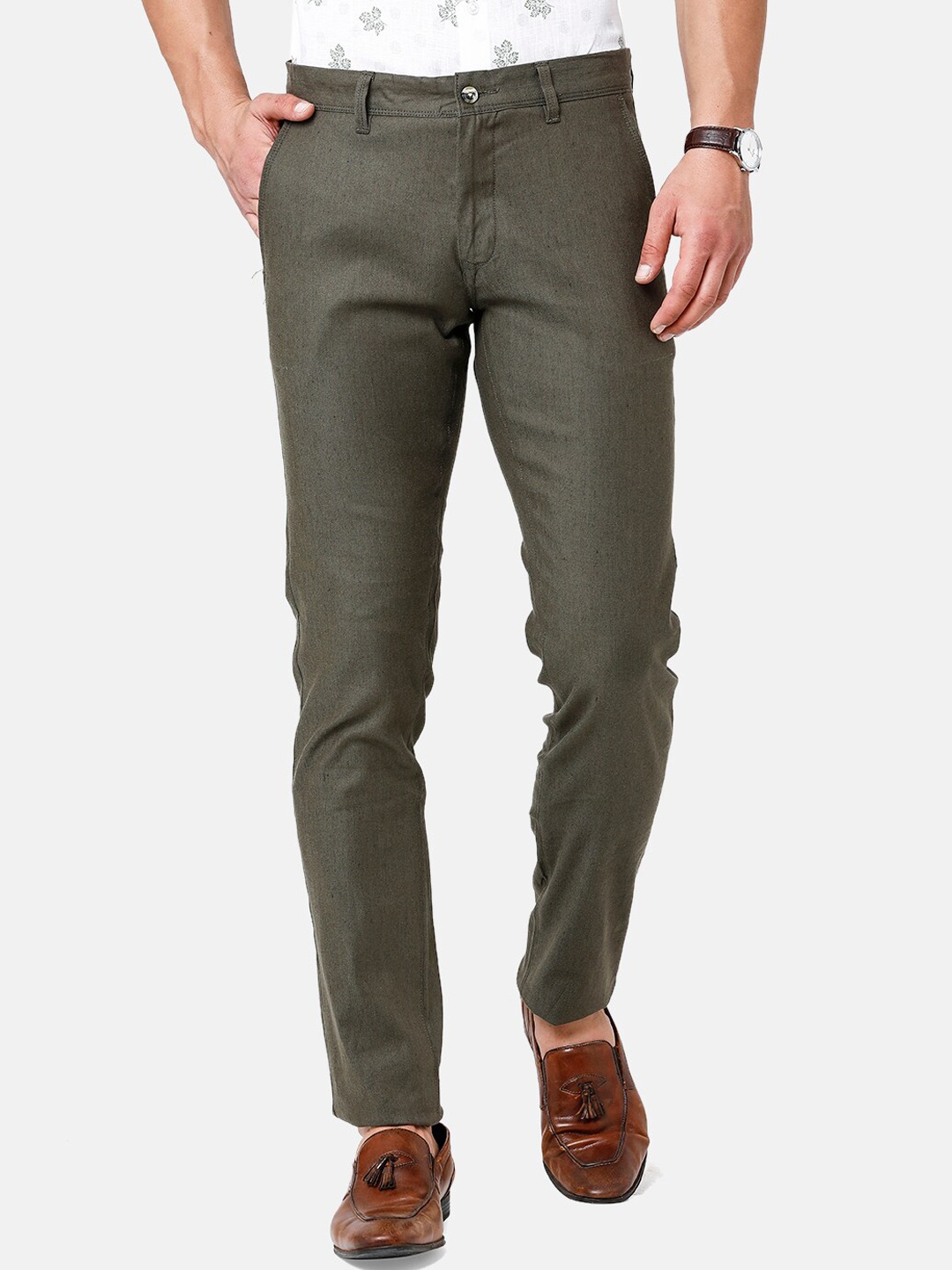 

Linen Club Men Mid-Rise Slim Fit Pure Linen Sustainable Trousers, Green
