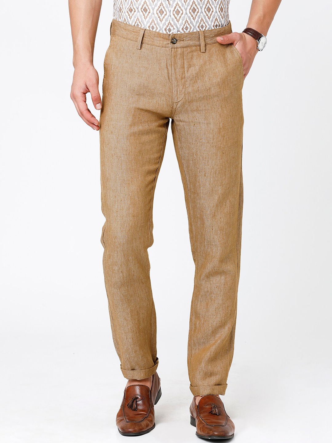 

Linen Club Men Textured Slim Fit Chinos Sustainable Trouserss, Brown