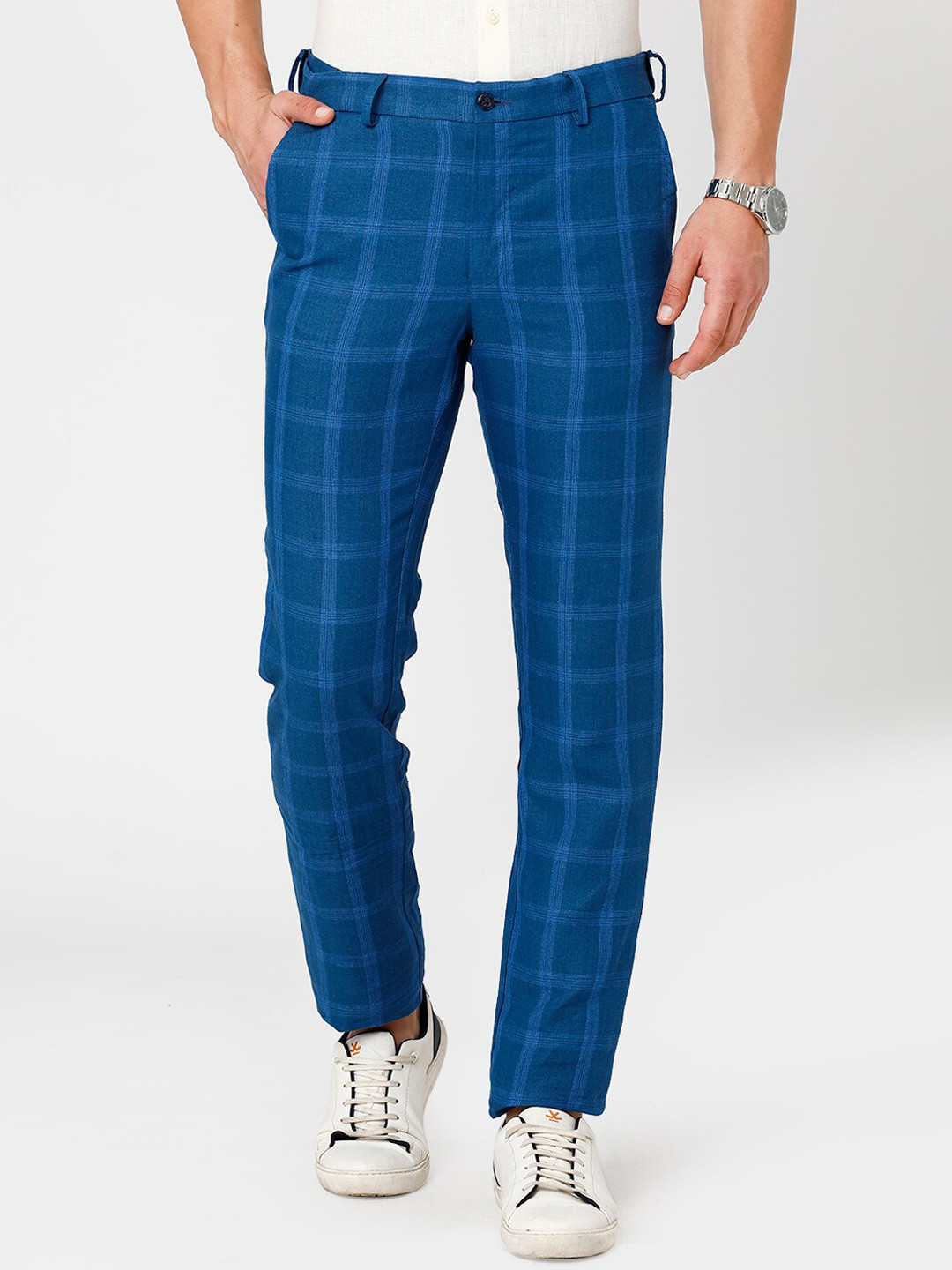 

Linen Club Men Checked Slim Fit Chinos Sustainable Trouserss, Blue