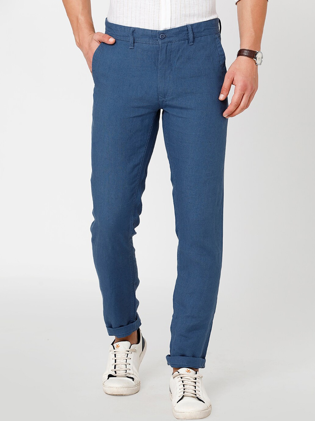 

Linen Club Men Slim Fit Pure Linen Trousers, Blue