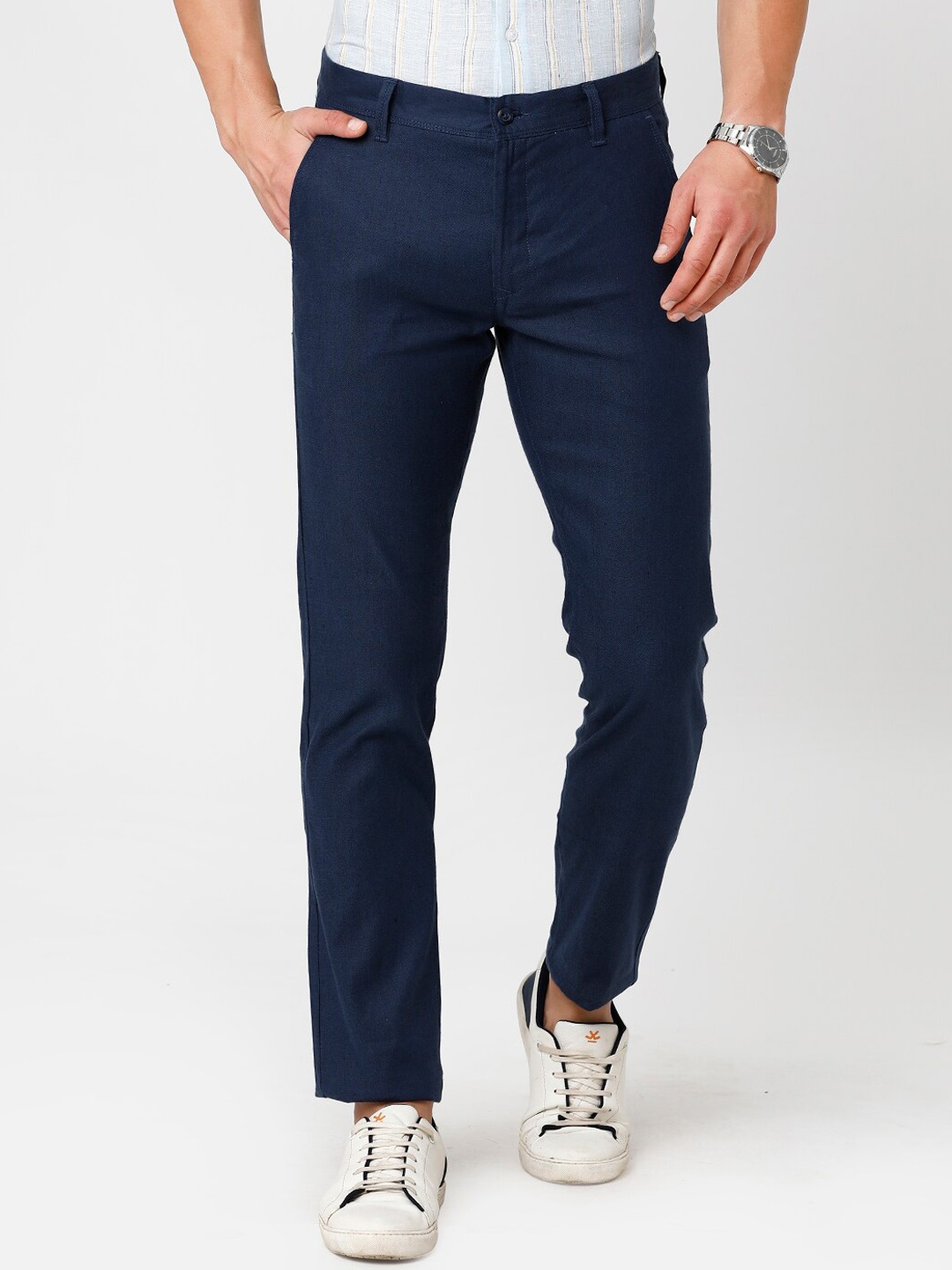 

Linen Club Men Slim Fit Casual Regular Sustainable Trousers, Navy blue