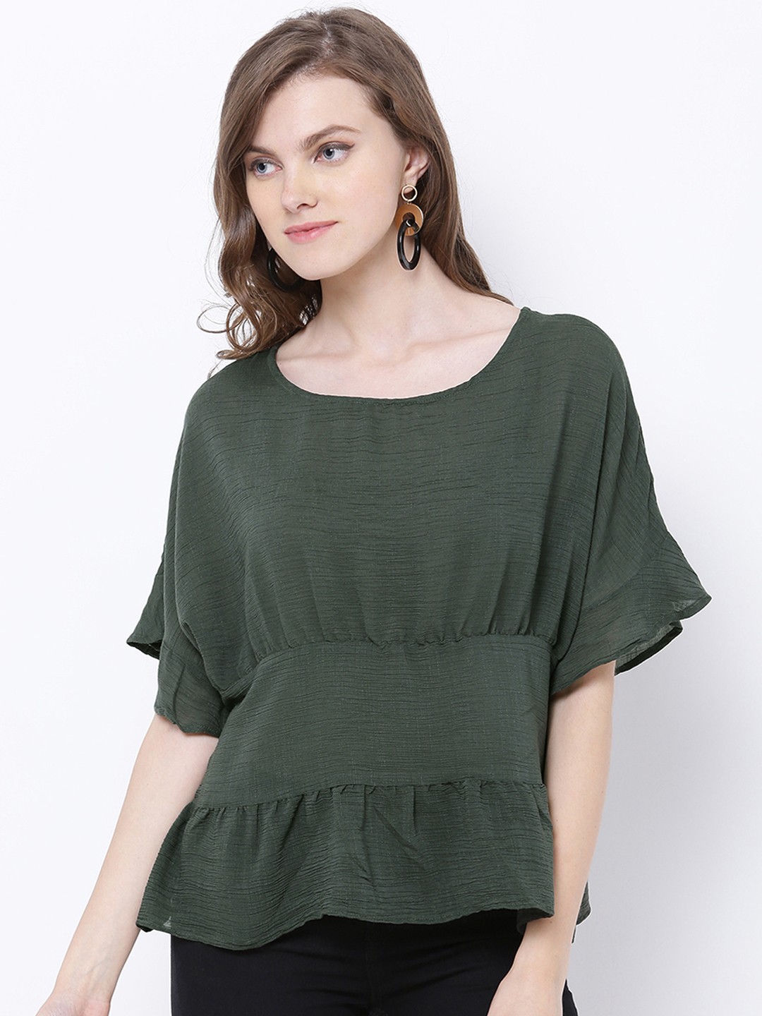 

Tokyo Talkies Women Olive Green Solid Cinched Waist Top