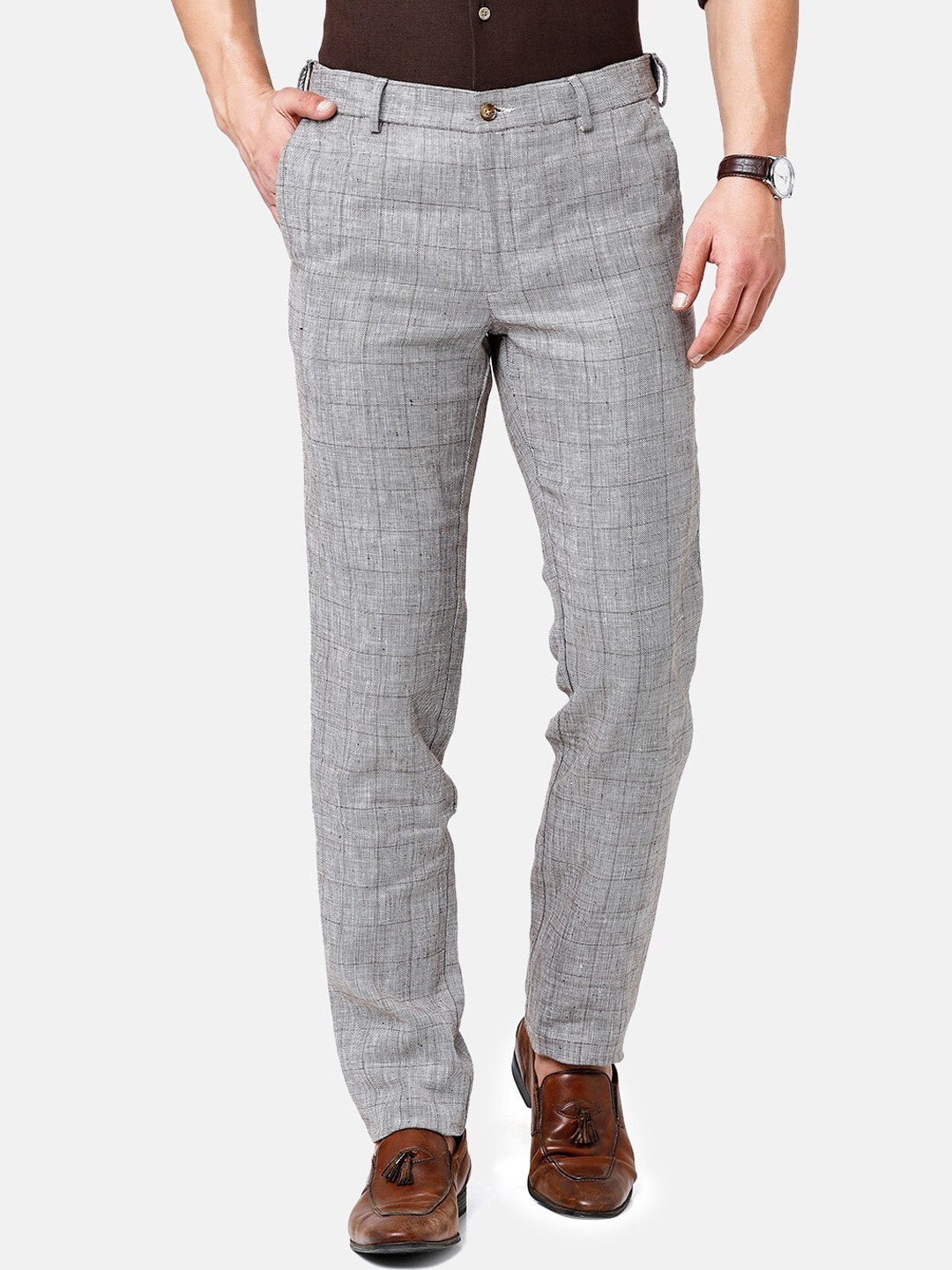 

Linen Club Men Checked Slim Fit Regular Sustainable Trousers, Grey