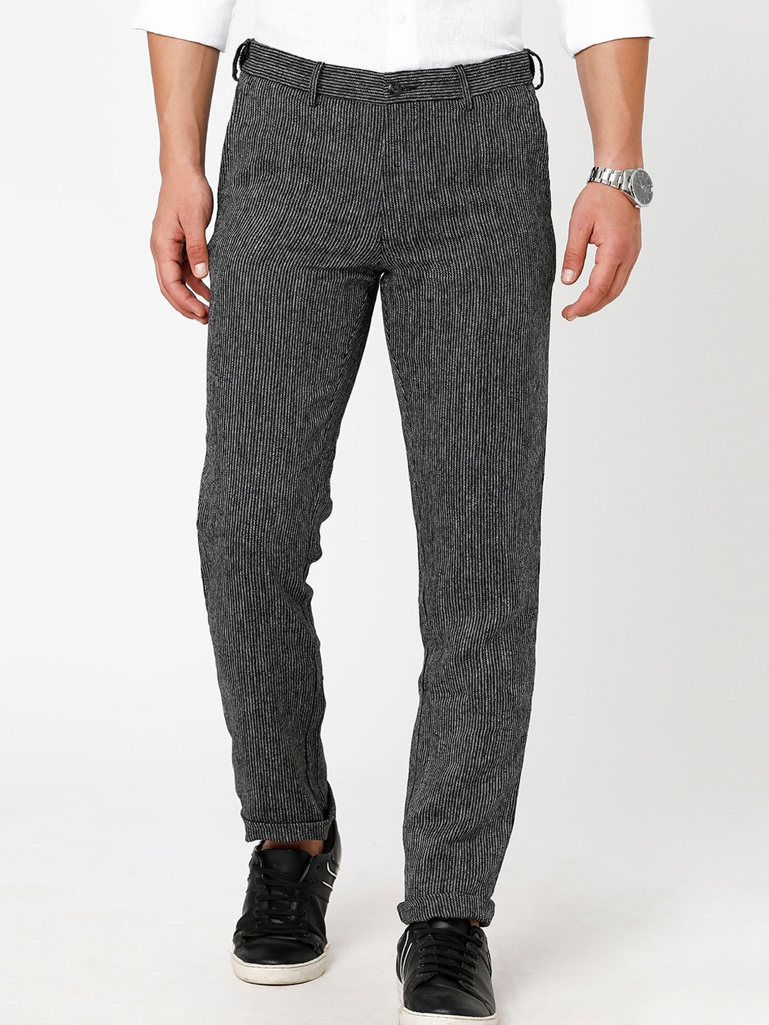 

Linen Club Men Striped Slim Fit Regular Sustainable Trousers, Black