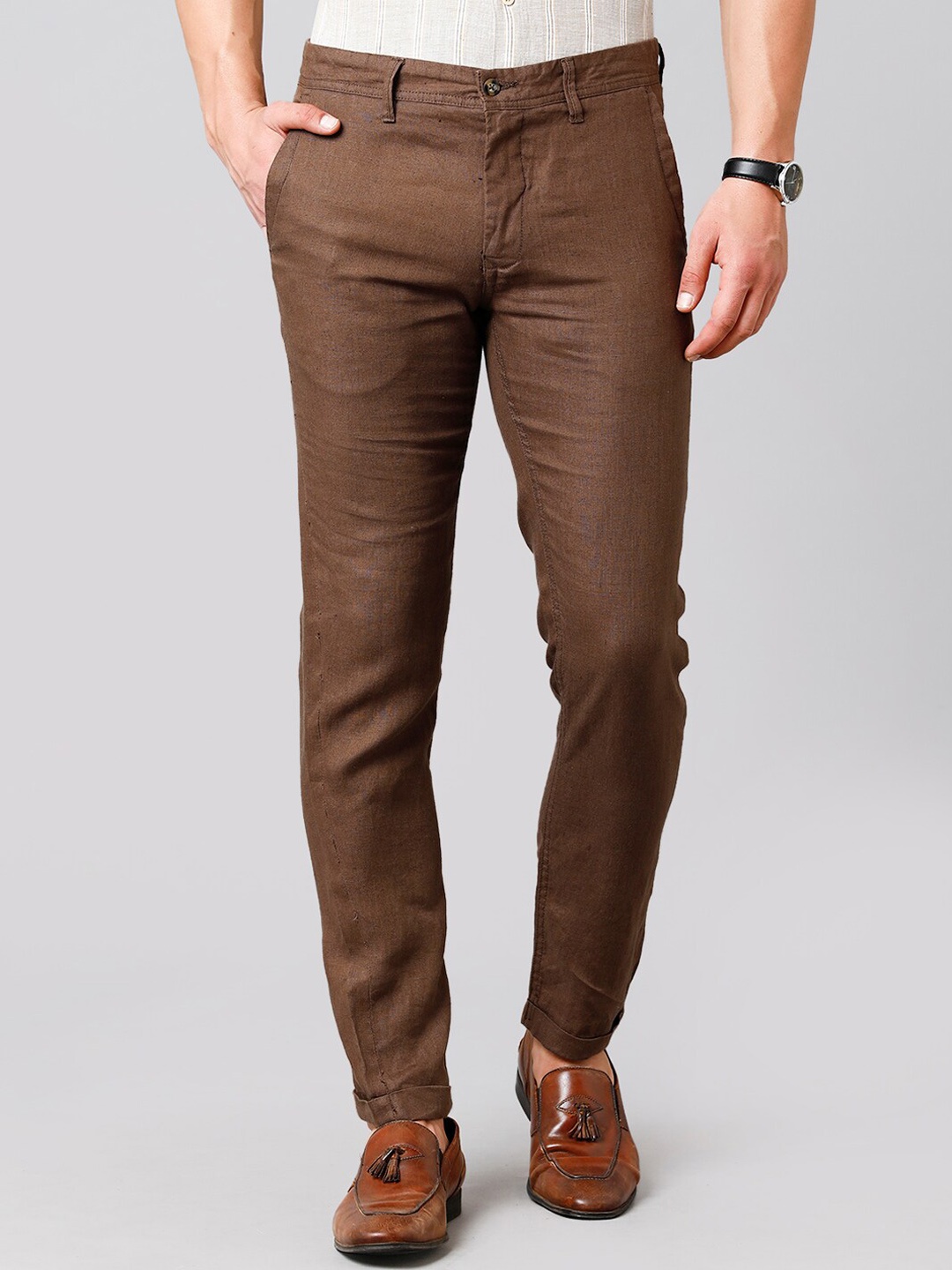 

Linen Club Men Slim Fit Regular Sustainable Trousers, Brown