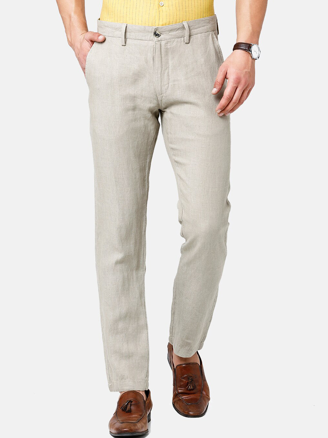 

Linen Club Men Slim Fit Chinos Sustainable Trouserss, Cream