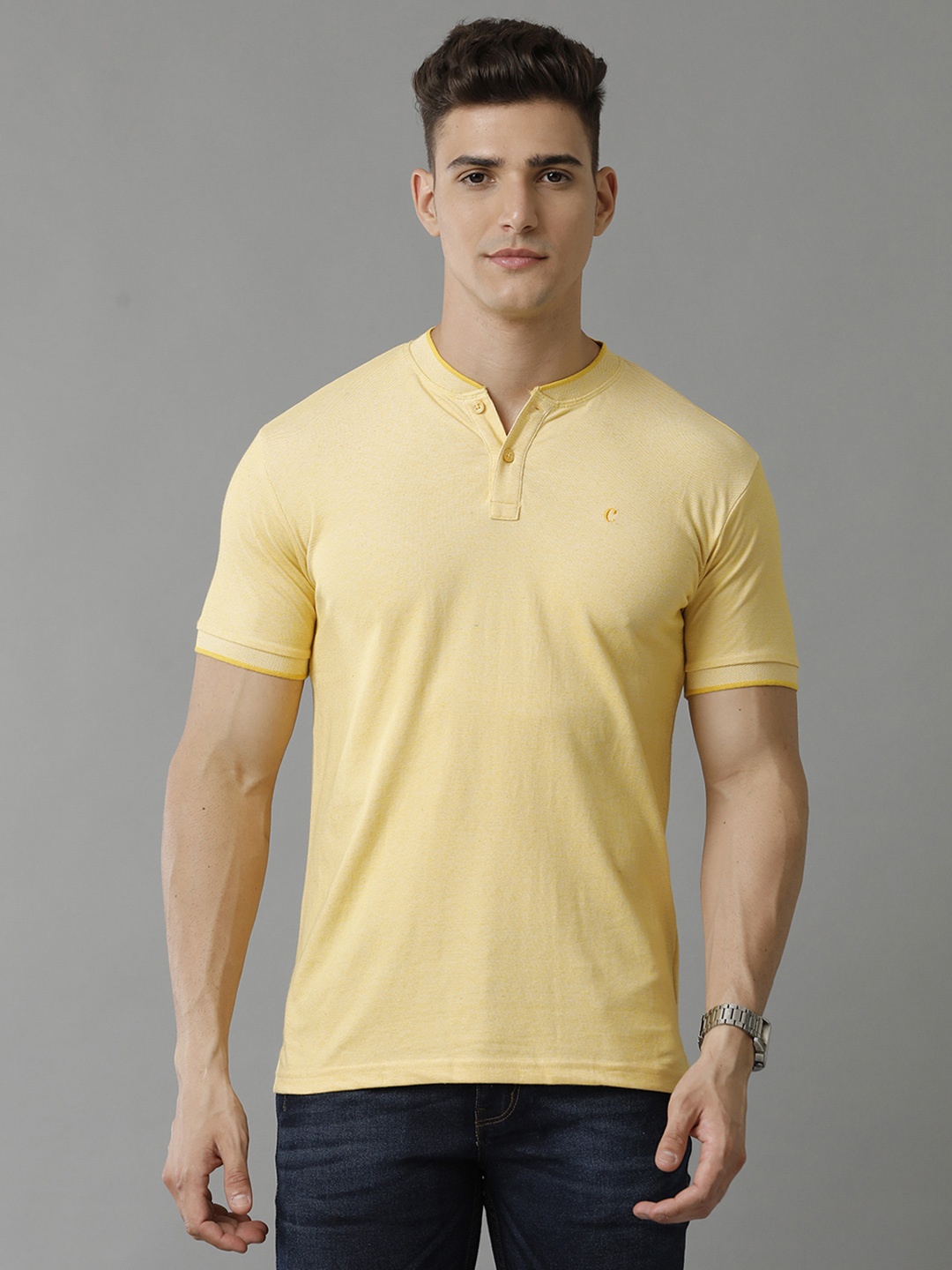 

CAVALLO by Linen Club Men Henley Neck Linen T-shirt, Yellow