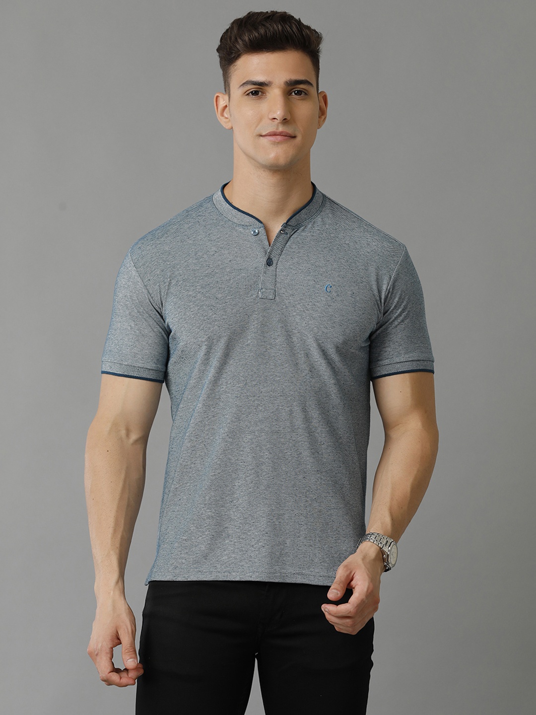 

CAVALLO by Linen Club Men Mandarin Collar T-shirt, Blue